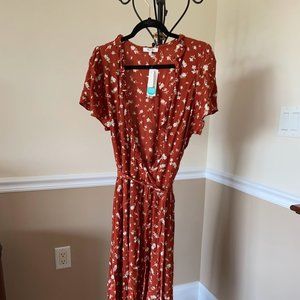 Floral Madewell Ruffle Trim Wrap Midi Dress - Rust Orange